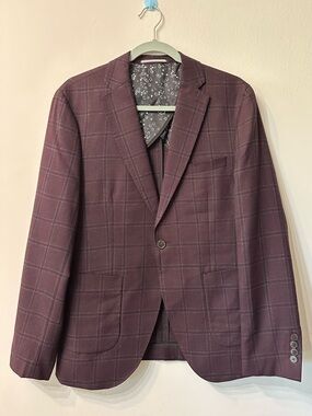 Selected Homme Men's Plaid Blazer 38R Maroon Gray Twill Regular Fit